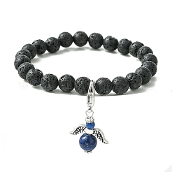 Natural Lava Rock & Gemstone Stretch Bracelet with Alloy Fairy Charms&nbsp;BJEW-JB08730