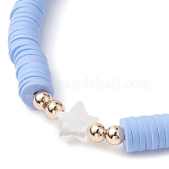 Handmade Polymer Clay with Natural Trochid Shell/Trochus Shell Beaded Stretch Bracelets for Women&nbsp;BJEW-JB10203-02