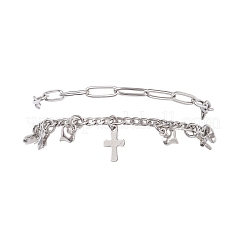 304 Stainless Steel Paperclip & Figaro Chain Bracelets for Women&nbsp;BJEW-JB12445-01