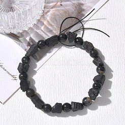 Natural Black Tourmaline Round and Nuggets Beaded Stretch Bracelets&nbsp;GG-CBA0C4C-01