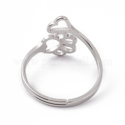 Non-Tarnish 201 Stainless Steel Heart & Dog Paw Prints Adjustable Ring for Women&nbsp;RJEW-K238-09P