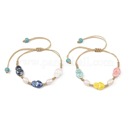 Glazed Porcelain Beads & Natural Cultured Freshwater Pearl Braided Bead Bracelets&nbsp;BJEW-JB14202-02
