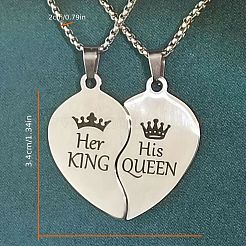 2Pcs Heart with Word King Queen Alloy Split Pendant 201 Stainless Steel Box Chain Necklaces for Couple&nbsp;FS-WG4F8D3-01