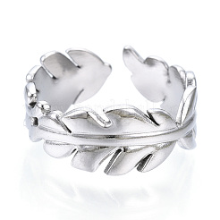 Non-Tarnish 304 Stainless Steel Leaf Open Cuff Ring for Women&nbsp;RJEW-N040-28