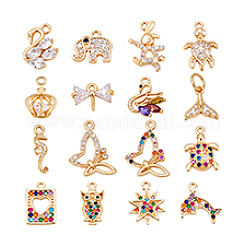 16Pcs 16 Styles Brass Micro Pave Cubic Zirconia Pendants&nbsp;KK-PH0013-35