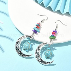 Dyed Synthetic Turquoise Crescent Moon with Tortoise Dangle Earring&nbsp;EJEW-JE05269-02