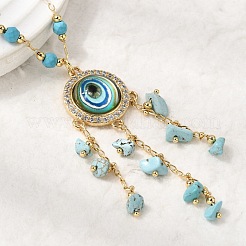Boho Brass Resin Blue Evil Eye Pendant Necklaces with Dyed Natural Howlite Chip Tassel&nbsp;NJEW-L014-01G