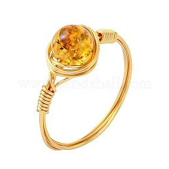 Copper Wired Natural Amber Finger Rings for Women&nbsp;RJEW-JR01052-01