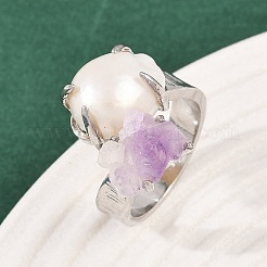 Nuggets Natural Amethyst & Pearl Open Cuff Rings&nbsp;RJEW-K286-13P