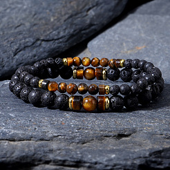 2Pcs Natural Yellow Tiger Eye & Lava Rock Round Beads Stretch Bracelet Set for Men Women&nbsp;LM4731