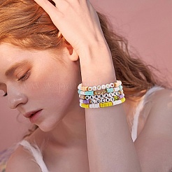 10Pcs 10 Style Encourage Word Polymer Clay Heishi Surfer Stretch Bracelets Set with Heart&nbsp;BJEW-SW00041