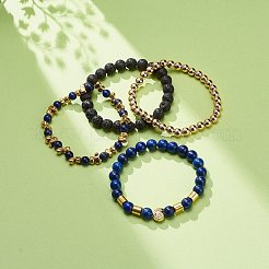 4Pcs 4 Style Natural Lava Rock & Lapis Lazuli(Dyed) & Synthetic Hematite Stretch Bracelets Set with Alloy Shell Beaded&nbsp;BJEW-JB08738