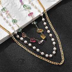304 Stainless Steel & Colorful Natural Stone Chip & Imitation Pearl 3 Layer Necklaces for Women&nbsp;NJEW-Z061-07G