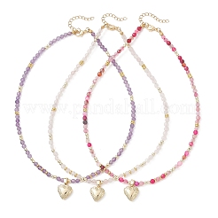 3Pcs 3 Styles Brass Heart Locket Pendant Faceted Round  Natural Amethyst & Rose Quartz & Dyed Agate Beaded Necklaces&nbsp;NJEW-JN05737