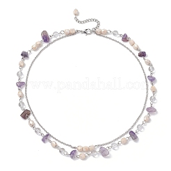 2Pcs 2 Styles Natural Amethyst Chip & Glass & 304 Stainless Steel Handmade Link Chain Double Layer Necklaces for Women&nbsp;NJEW-JN05363