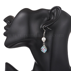 Round Natural Cultured Freshwater Pearl & Lampwork Dangle Earrings&nbsp;EJEW-JE06881