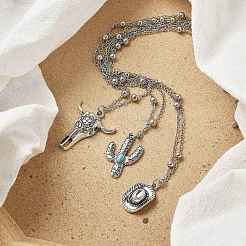 3Pcs 3 Styles Retro Alloy Synthetic Turquoise Cow Head/Cactus/Oval Pendant Satellite Chain Necklace Sets for Women&nbsp;NJEW-B120-01C