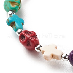 Synthetic Turquoise(Dyed) Cross & Skull Beaded Stretch Bracelet&nbsp;BJEW-JB08452-02