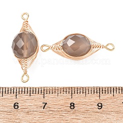 Natural Grey Agate Faceted Flat Round Links Connector Charms with Copper Herringbone Wire-Wrapped&nbsp;KK-Z152-09G-01