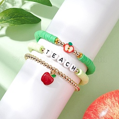 3Pcs 3 Styles Teachers' Day Polymer Clay Beads Stretch Bracelet & Alloy Enamel Apple Charm Bracelet Set for Women&nbsp;BJEW-TA00606