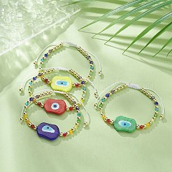 Evil Eye Lampwork Braided Bead Bracelet with Glass Beaded Chains for Women&nbsp;BJEW-JB09412