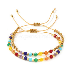 2Pcs 2 Styles Natural Mixed Gemstone & Glass & Brass Round Beads Braided Bead Bracelets&nbsp;PH4377-6