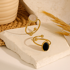 2Pcs 2 Colors Stainless Steel with Synthesis Gemstone Adjustable Cuff Rings&nbsp;RJEW-GO0001-37C