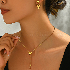 Sweet and Simple 201 Stainless Steel Heart Tassel Stud Earrings & Necklaces Set for Women&nbsp;EJ7179