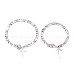 2Pcs 2 Sizes 304 Stainless Steel Cuban Link Chain Cross Charm Bracelet Sets for Women Men&nbsp;BJEW-JB12444