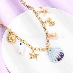 304 Stainless Steel Starfish & Porcelain Fish & Resin & Natural Shell Pendant Necklaces for Women&nbsp;NJEW-F352-03G