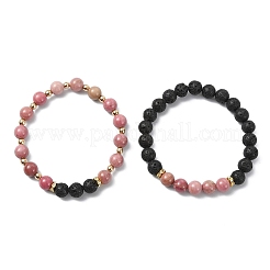 Adjustable Natural Rhodonite and Natural Lava Rock Stretch Bracelets&nbsp;BJEW-JB14150-01