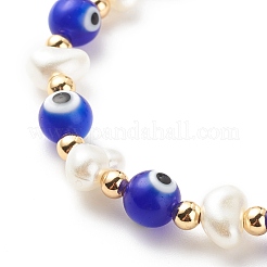 Lampwork Evil Eye & Plastic Pearl & Brass Stretch Bracelet for Women&nbsp;BJEW-JB08386-03