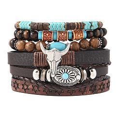 6Pcs 6 Styles Zinc Alloy and Wood Beads Coconut Shell Artificial Leather Cord Braided Bracelets & Stretch Bracelets Sets&nbsp;FS-WG2D370-01