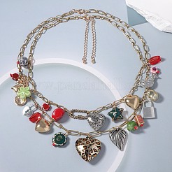 Zinc Alloy & Porcelain & Glass & CCB Plastic Flower Heart Lock Pendant Double Layer Bib Necklaces&nbsp;FS-WGC767F-01