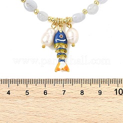 Brass Enamel Fish and Natural Pearl Rice Pendant Natural Blue Lace Agate Nuggets Beaded Necklaces for Women&nbsp;NJEW-JN06357-02