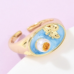 Brass Sky Blue Enamel Flower Cuff Rings&nbsp;RJEW-C139-17B-G