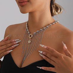 Two Tone Alloy Sun and Chain Tassel 2-Strand Bib Necklaces with CCB Plastic Beads for Women&nbsp;WG233F9-01