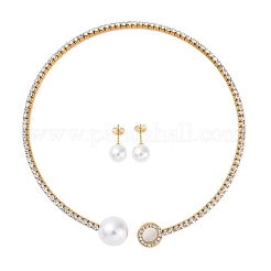 Round Plastic Imitation Pearl Stud Earrings & Cubic Zirconia Rhinestone Cuff Choker Necklaces Sets&nbsp;SJEW-U003-05G