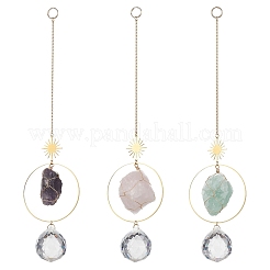 3Pcs Nuggets Natural Amethyst & Fluorite & Rose Quartz & Glass Round Hanging Suncatchers&nbsp;HJEW-JM04660