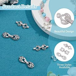 6Pcs 3 Styles Rack Plating Brass Micro Pave Clear Cubic Zirconia Fold Over Clasps&nbsp;KK-HS0001-01P
