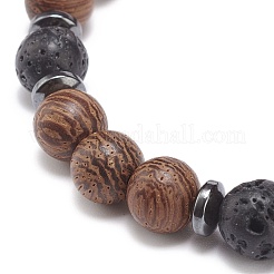 Natural Lava Rock & Wood Beaded Stretch Bracelet&nbsp;BJEW-JB08535-02