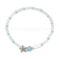Ocean Alloy Starfish & Glass & Natural Mixed Stone Round Beaded Stretch Bracelets&nbsp;BJEW-MZ00342