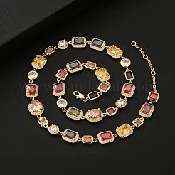 Vintage Chinese Style Brass Pave Cubic Zirconia Geometric Flat Round Square Link Chain Necklaces for Parties&nbsp;PU9182