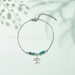 304 Stainless Steel Turtle Charm Anklet with Round Natural White Jade Beads for Women&nbsp;AJEW-AN00498-04
