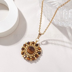 Natural Mixed Stone Faceted Round & Gold Glass Seed Beaded Sun Pendant 304 Stainless Steel Cable Chain Necklaces for Women&nbsp;NJEW-MZ00149