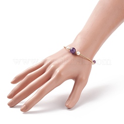 Natural Amethyst & Pearl Round Beaded Bangle&nbsp;BJEW-JB08464-03