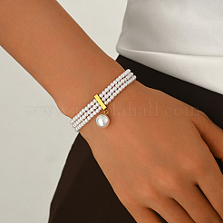 Natural Freshwater Pearl Round Charm Multi-strand Bracelets with 201 Stainlee Steel End Chains&nbsp;UK4868