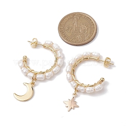 Moon & Star Natural Pearl Dangle Half Hoop Earrings&nbsp;EJEW-JE05895-01