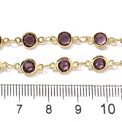 Brass Purple Cubic Zirconia Flat Round Link Chain Long Necklaces&nbsp;NJEW-C070-01B-G