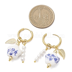 Brass Flower with Leaf Hoop Earrings&nbsp;EJEW-JE06745